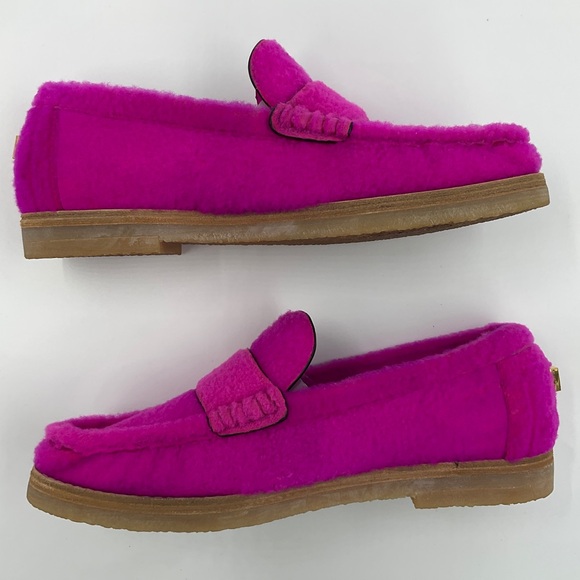 Stuart Weitzman RARE Bromley Spanish Shearling Lambs Wool Loafers Flamingo Pink - Picture 11 of 16
